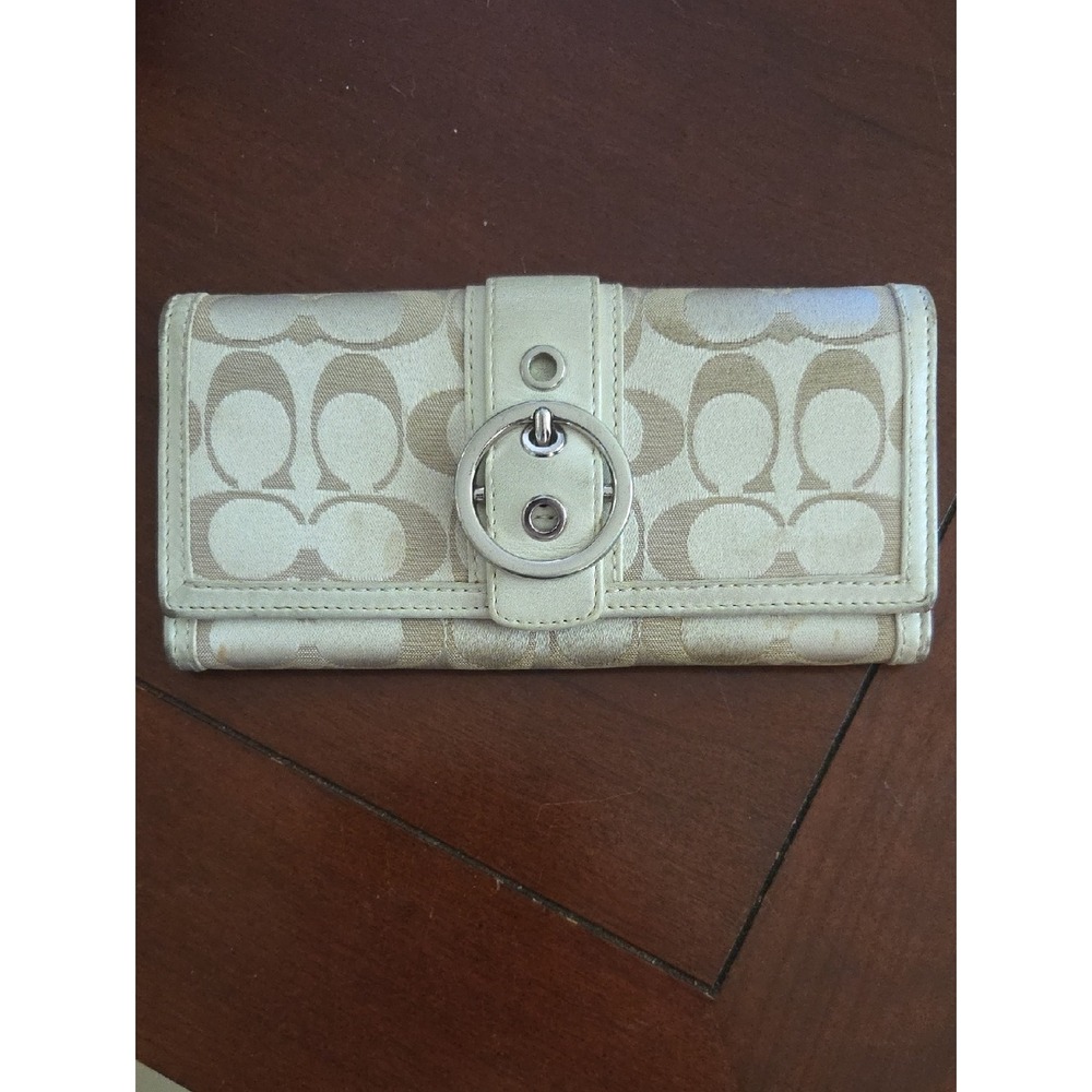Coach Beige Signature Canvas Wallet with Silver Turn-Lock